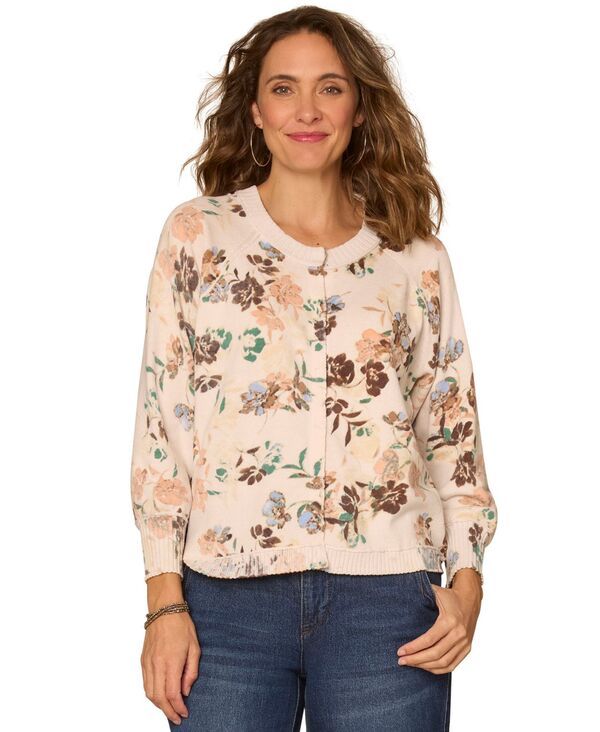 デモクラシー レディース アウター ニット・セーター プチ プリント カーディガン Democracy Petite Printed Round Neck Cardigan Blushairy ブラッ