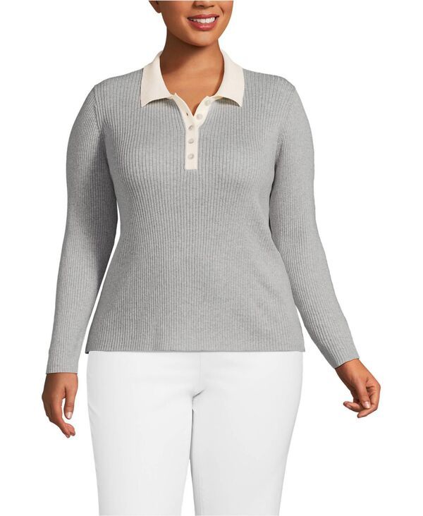ランズエンド レディース アウター ニット・セーター ポロシャツ プラスサイズ リブ コットン Lands End Plusize Cotton Ribbed Long Sleeve Polo Swe