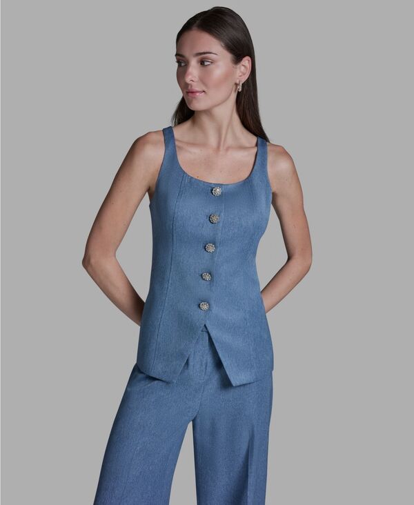 ビーシビージー レディース トップス ベスト デニム BCBG Womenscoop Neck Front Button Denim Vest Light Indigo インディゴ