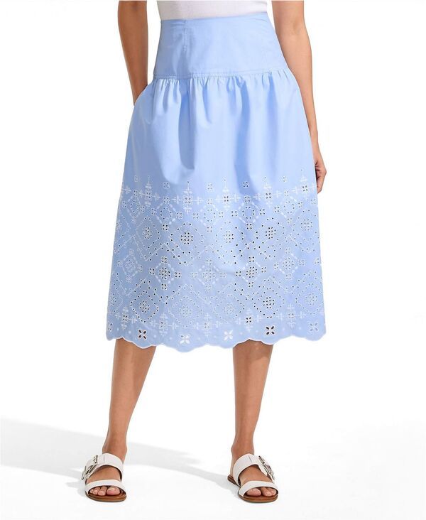 ランズエンド レディース ボトムスカート プチ ミディ 刺繍 Lands End Petite Poplin Drop Waist Embroide red Eyelet Midi Skirt Lig