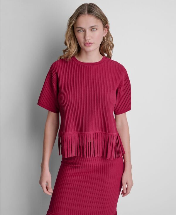 ダナ キャラン ニューヨーク レディース アウター ニット・セーター クルーネック フリンジ DKNY Womens Fringe Crewneck Sweater Top Rhythm Red レッ