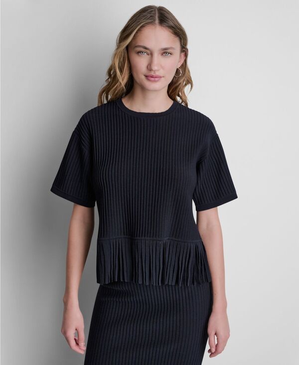 ダナ キャラン ニューヨーク レディース アウター ニット・セーター クルーネック フリンジ DKNY Womens Fringe Crewneck Sweater Top Black ブラック