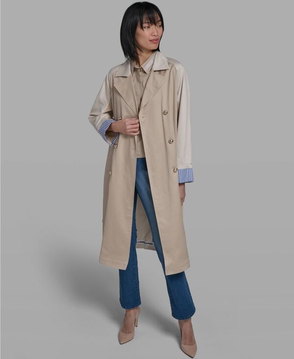 カール ラガーフェルド レディース アウター コート KARLAGERFELD PARIS Womens Color Block Colla red Trench Coat French Beige