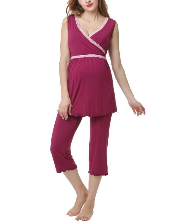 キミアンドカイ レディース アンダーウェア ナイトウェア マタニティ Maternity kimi kai Nursing 2Piece Pajama Set Deep berry