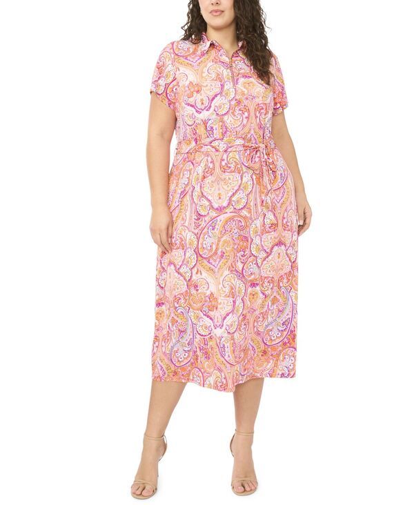 ミスク レディース トップス ワンピース プラスサイズ プリント ミディ MSK Plusize ZipFront Printed Midi Dress Dragonfire