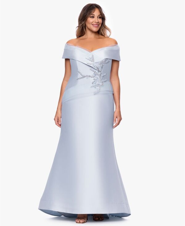 ベッツィアンドアダム レディース トップス ワンピース プラスサイズ Betsy Adam Plusize OffTheShoulder Beaded Ball Gown Light Blue ブルー