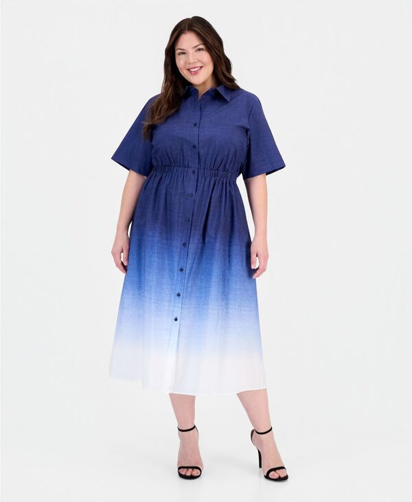 アンクライン レディース トップス ワンピース プラスサイズ ミディ コットン Anne Klein Plusize ButtonFront Cotton Midi Dress Distant Mou