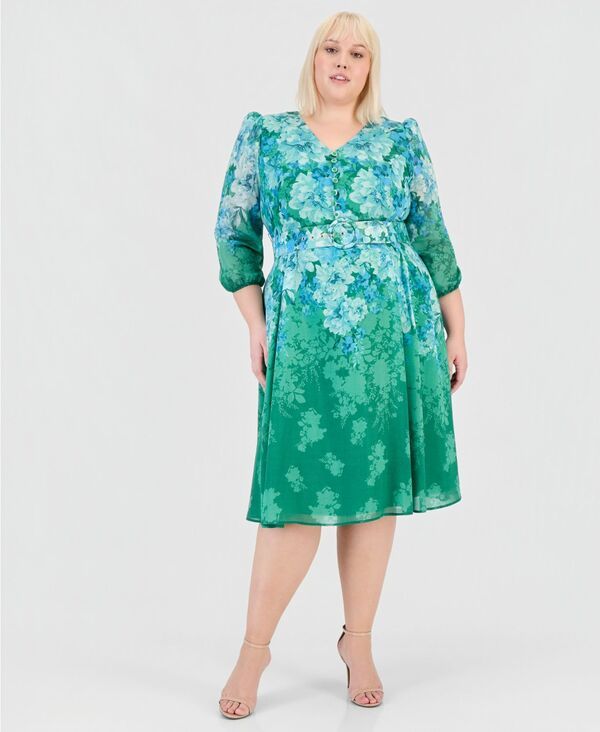 タハリエーエスエル レディース トップス ワンピース プリント 長袖 Tahari ASL Womens Printed LongSleeve Beltedress GreenBlue ブルー