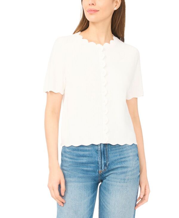 セセ レディース アウター ニット・セーター クルーネック カーディガン CeCe Womens Crewneck ScallopEdge Cardigantique White ホワイト