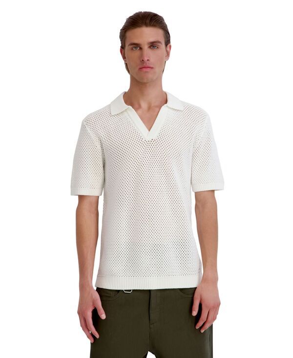 カール ラガーフェルド メンズ トップス ポロシャツ KARLAGERFELD PARIS Mens Open Weave Johnny Collar Polo Shirt White ホワイト
