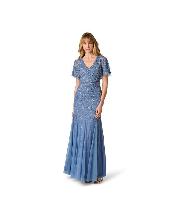アドリアナ パペル レディース トップス ワンピース メッシュ Adrianna Papell Womens Bead Mesh Gown French Blue ブルー