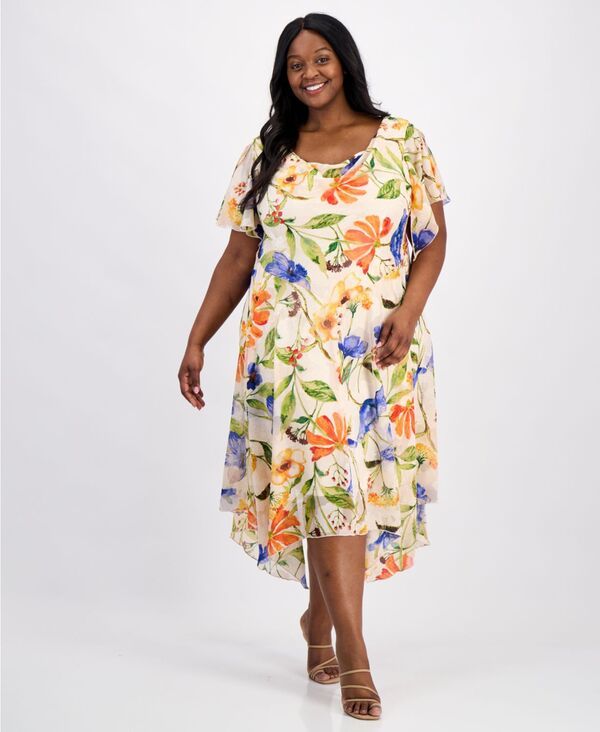 ロビー・ビー レディース トップス ワンピース プラスサイズ プリント Robbie Bee Plusize Printed CowlNeck FlutterSleeve Dress Ivory Mu