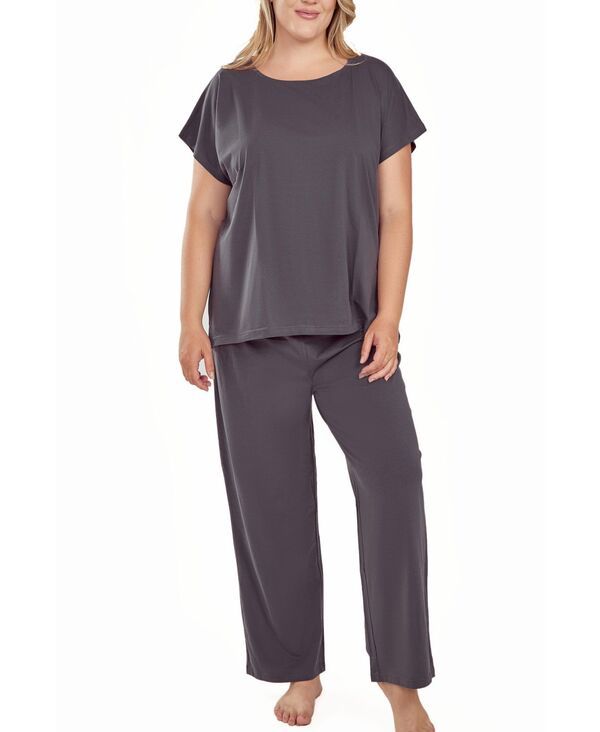 アイコレクション レディース アンダーウェア ナイトウェア プラスサイズ ニット iCollection Plusize Soft Knitop and Cropant Pajama Set Char