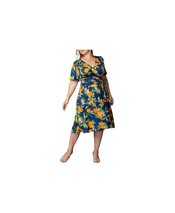 キヨナ レディース トップス ワンピース プラスサイズ ギャザー Kiyonna Plusize Jemma Ruched Tie Dress Navy citrus print ネイビー