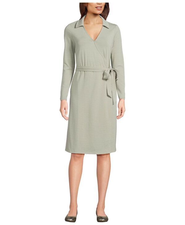 ランズエンド レディース トップス ワンピース コットン Lands End Womens Cotton Modal Colla red Wrap Dressage thin stripe セージ
