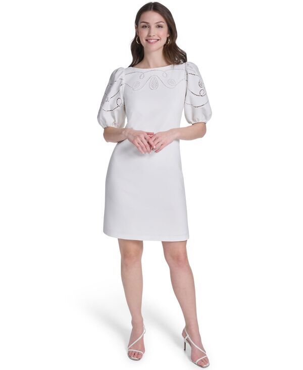 ヴィンスカムート レディース トップス ワンピース ミニ 刺繍 Vince Camuto Womens Embroide red Boat Neck Mini Dress White ホワイト