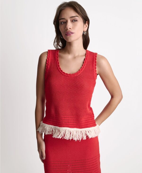 ビーシビージー レディース トップス タンクトップ フリンジ BCBG Womens Fringe Pointelle Scoop Neck Tank Top Firelilybuttercream