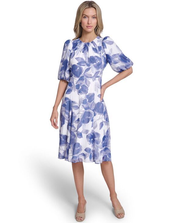 カルバンクライン レディース トップス ワンピース プチ プリント ミディ Calvin Klein Petite BalloonSleeve Printed Midi Dresspring Mist