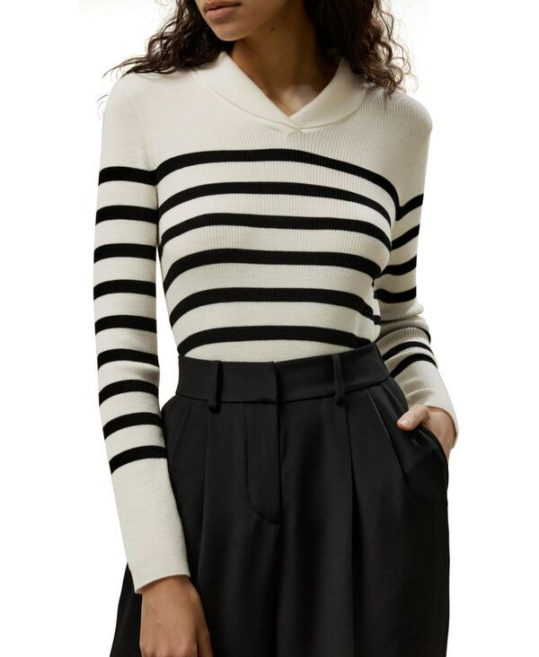 リリーシルク レディース アウター ニット・セーター ウール LILYSILK Womenstriped Ultrafine Merino Wool Sweater White with black