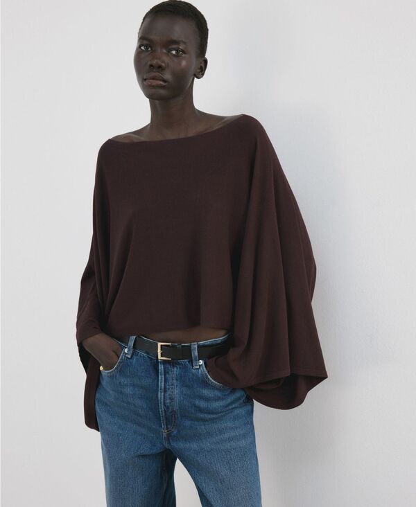 マンゴ レディース アウター ニット・セーター ケープデザイン アシンメトリー キャップ ケープ MANGO Womens Asymmetrical Knitted Cape Wine ワイン