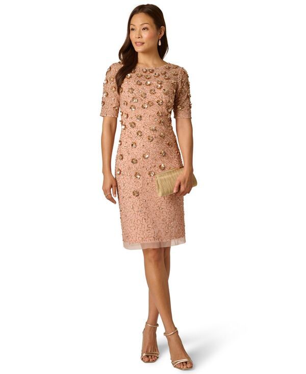 アドリアナ パペル レディース トップス ワンピース プチ Adrianna Papell Petite Boat Neck Beaded Sheath Dress Apricot Ice アプリコッ