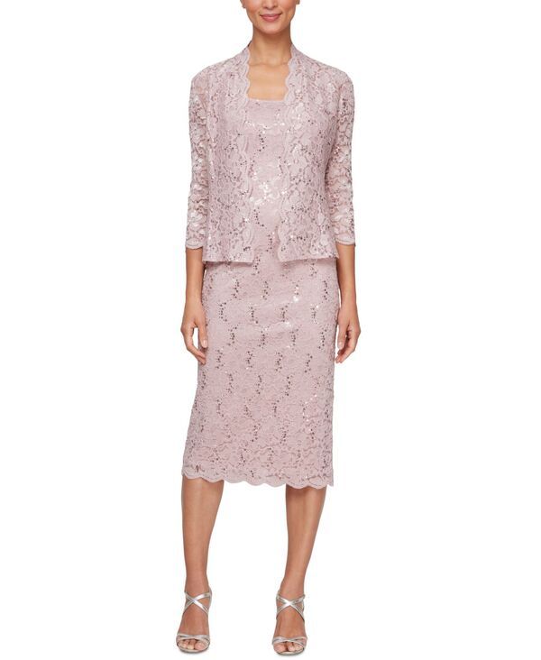 エスエルファッションズ レディース トップス ワンピース プチ ミディ レース ジャケット SL Fashions Petite 2Pc Lace Jacket Midi Dresset Blush
