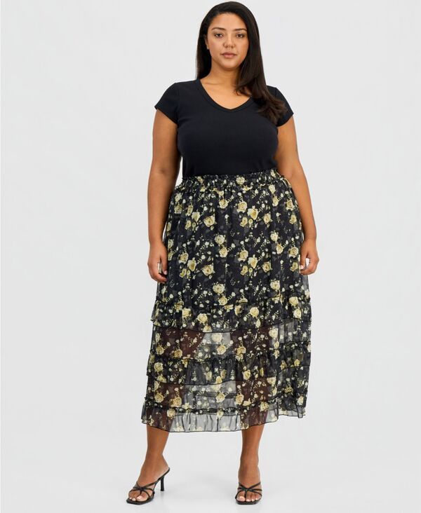 アンドノウディス レディース ボトムスカート シフォン プラスサイズ ミディ And Now This Trendy Plusize Chiffon Midi Skirt Black Combo ブラ