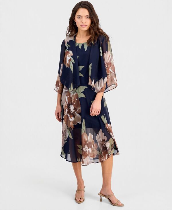 ロビー・ビー レディース アウター ジャケット・ブルゾン シフォン フラワー柄 プチ フラワー Robbie Bee Petite Floral Chiffon Jacket Dress Navybr