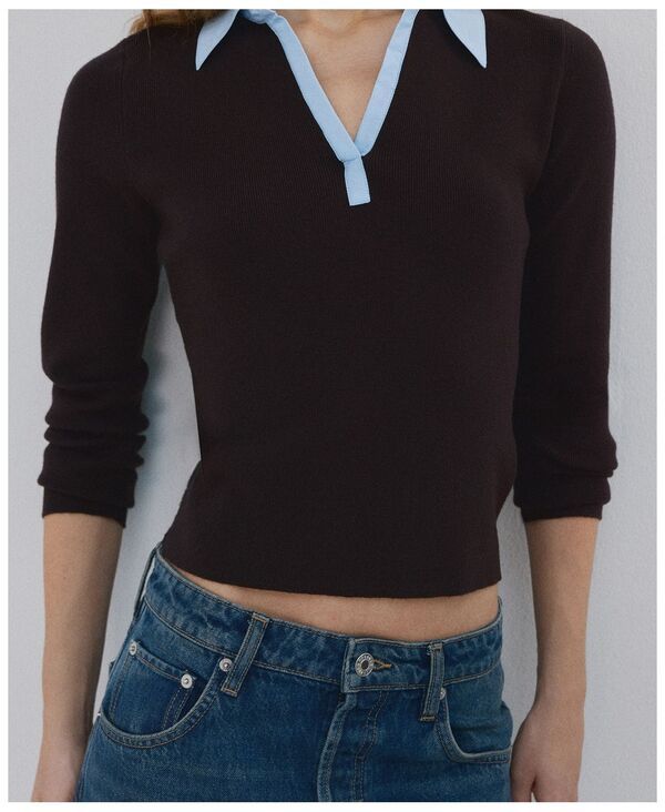 マンゴ レディース アウター ニット・セーター シャツ MANGO Womens Combined ShirtCollar Sweater Chocolate チョコレート