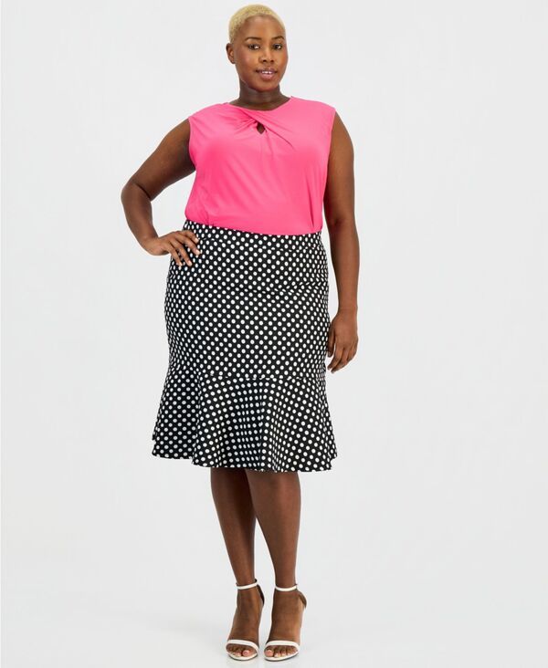 カスパール レディース ボトムスカート ドット柄 ドット プラスサイズ Kasper Plusize Polka Dot Jacquard Flounce Skirt BlackLily White