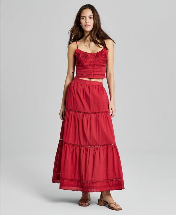 アンドノウディス レディース ボトムスカート ティアード コットン マキシ And Now This Womens Cotton Tie red PullOn Maxi Skirt Red レッド