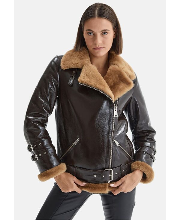 ファーニック UK レディース アウター ジャケット・ブルゾン ウール Furniq UK Womenshearling Belted Biker Jacket Rugan Brown with Br