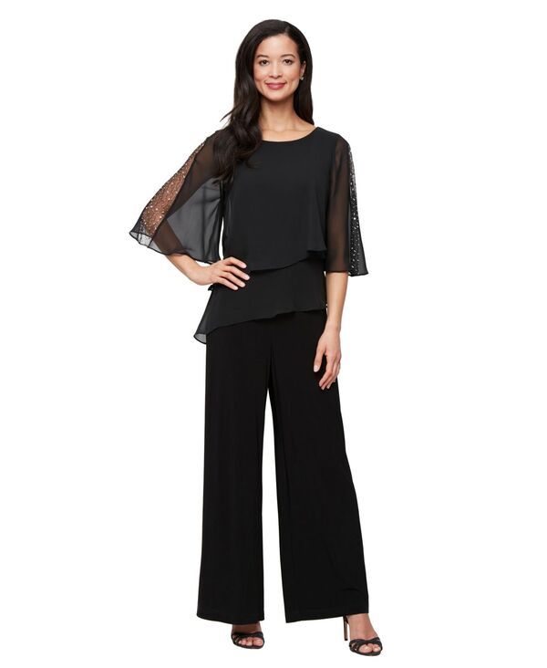 エスエルファッションズ レディース トップス ジャンプスーツ プチ オーバーレイ SL Fashions Petite Double Tier Overlay Bodice Jumpsuit Blac