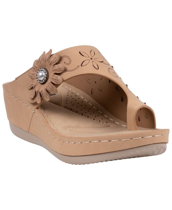 ジーシーシューズ レディース サンダル フラワー柄 フラワー GC Shoes Womenskylar Floral Rosette Round Toe Wedge Sandals Tan タン