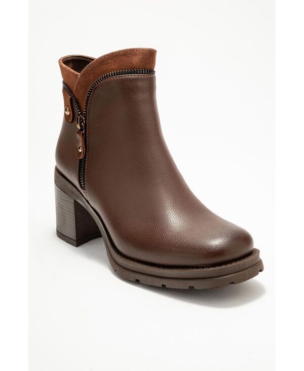 プロローグシューズ レディース ブーツ・レインブーツ ヒール Prologue Shoes Womans Parly Zip Block Heel Boot Brown faux leather ブラ