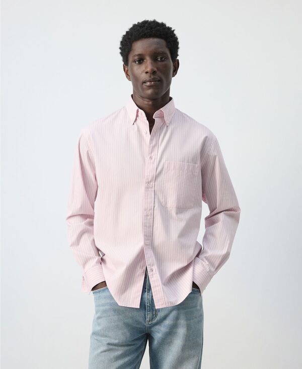 マンゴ メンズ トップス シャツ コットン MANGO Mens Cotton Striped RelaxedFit Shirt Pastel Pink ピンク