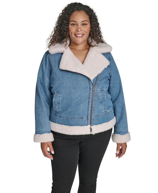 リーバイス レディース アウター ジャケット・ブルゾン プラスサイズ ダウン デニム Levis Plusize Denim Laydown Collar Moto Jacket Medium Was