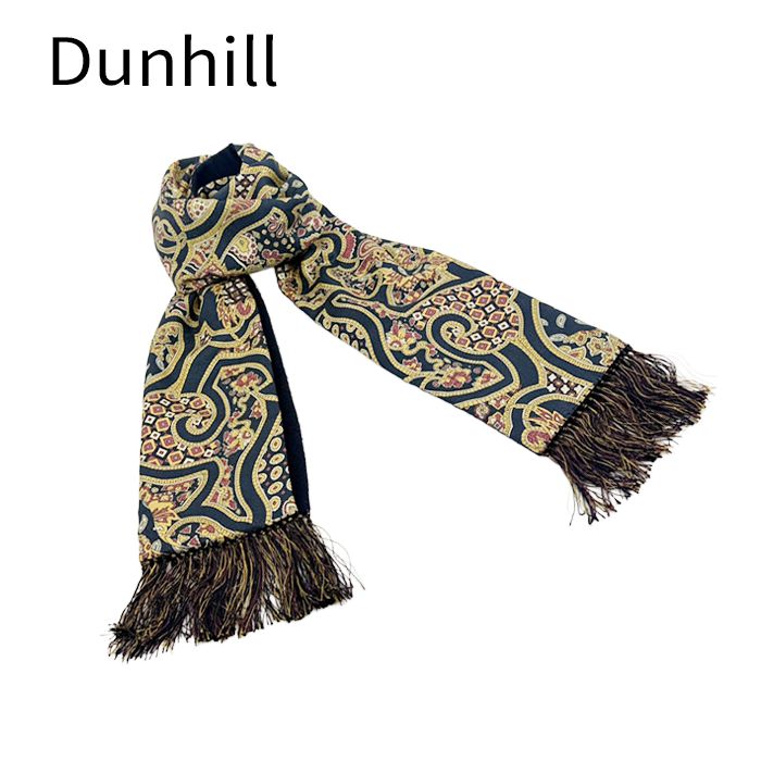 ダンヒル Dunhill リバーシブルマフラー ペイズリー柄 ネイビー フリンジ付き