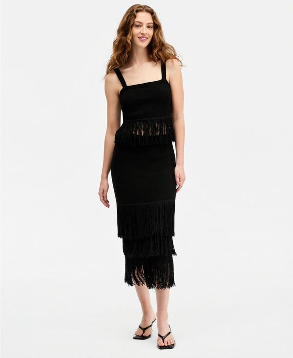 バースリー レディース アウター ニット・セーター ティアード スカート フリンジ Bar III Womens PullOn Tie redFringe Sweater Skirt Black ブラ