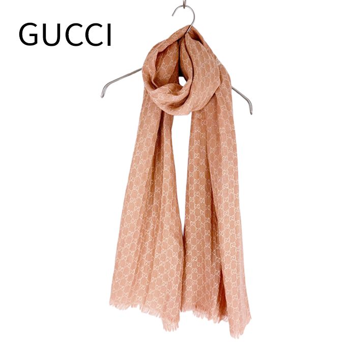 グッチ GUCCI GG柄 ストール ピンクベージュ フリンジ ショール 大判 マフラー ロゴ 総柄