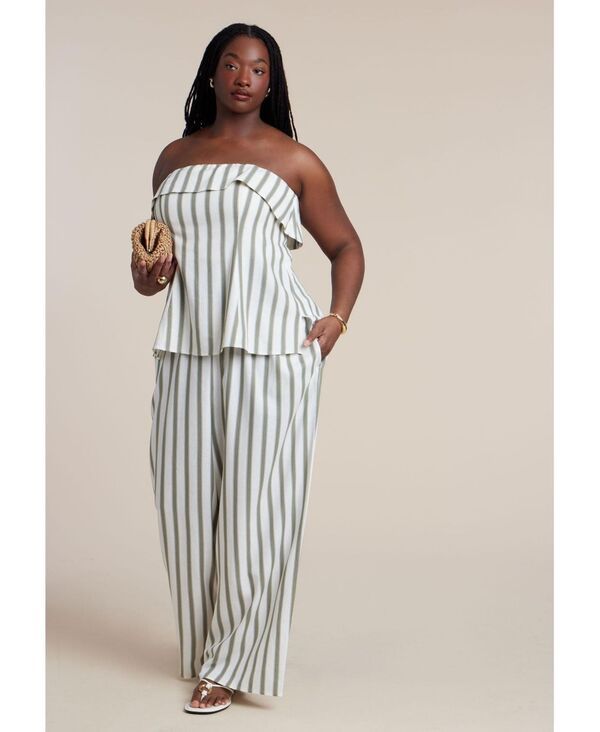 エロクイ レディース ボトムス カジュアルパンツ ワイドレッグ リネン ELOQUII Womens Drawstring Wide Leg Linen Pant Iguana stripe ストライ