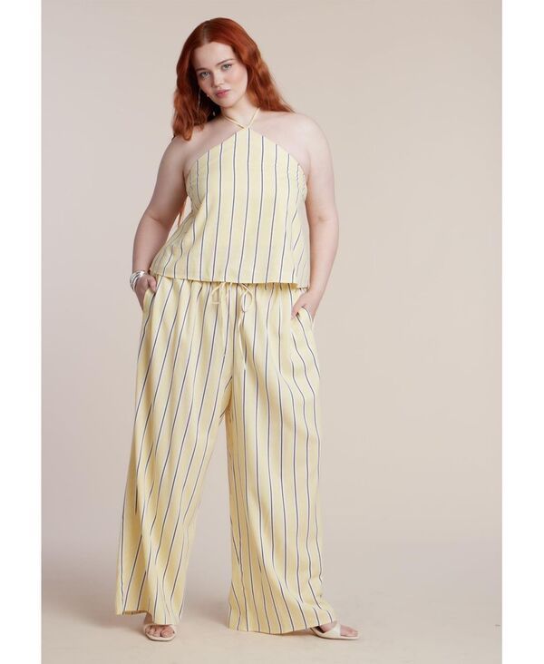 エロクイ レディース ボトムス カジュアルパンツ ワイドレッグ リネン ELOQUII Womens Drawstring Wide Leg Linen Pant Sunlight stripe スト