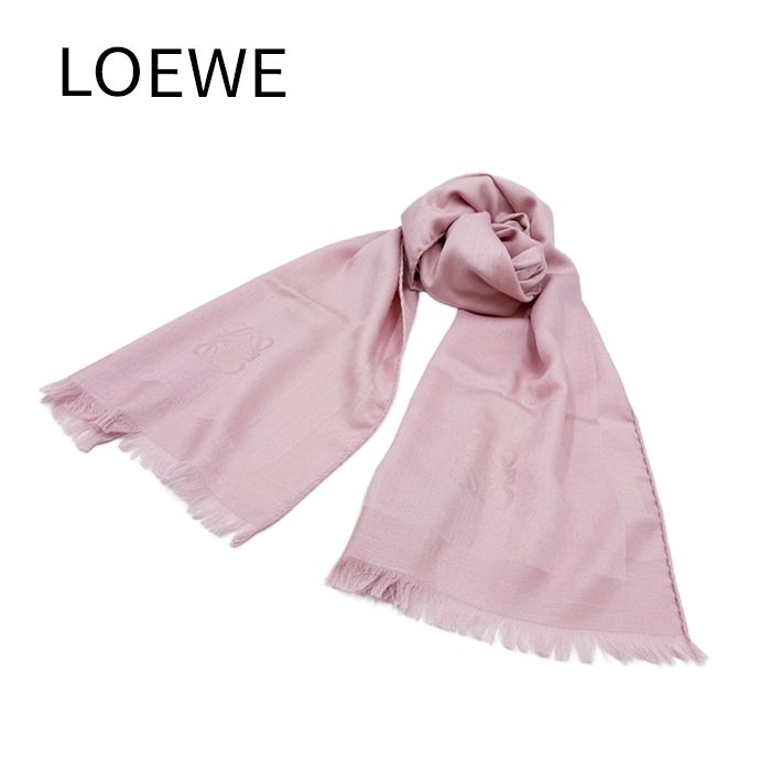 ロエベ LOEWE アナグラム ストール ピンク シルク混 フリンジ ロゴジャガード 箱付き