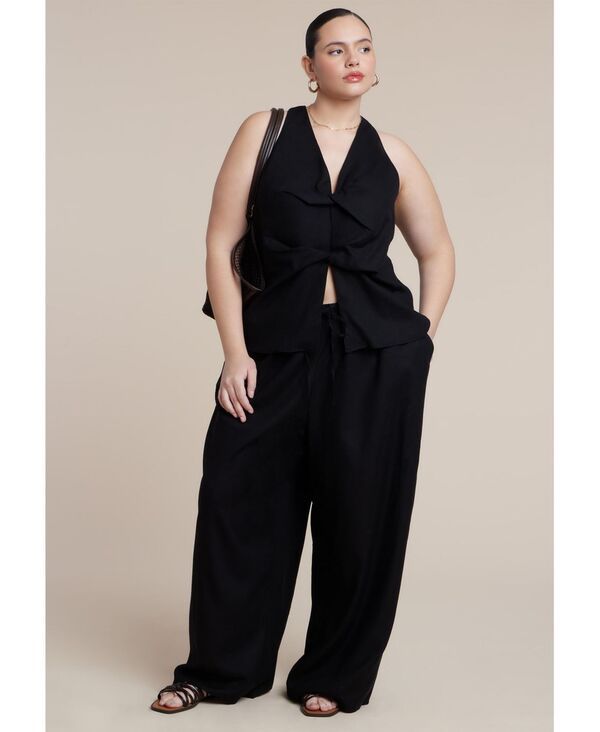 エロクイ レディース ボトムス カジュアルパンツ ワイドレッグ リネン ELOQUII Womens Drawstring Wide Leg Linen Pant Black onyx ブラック