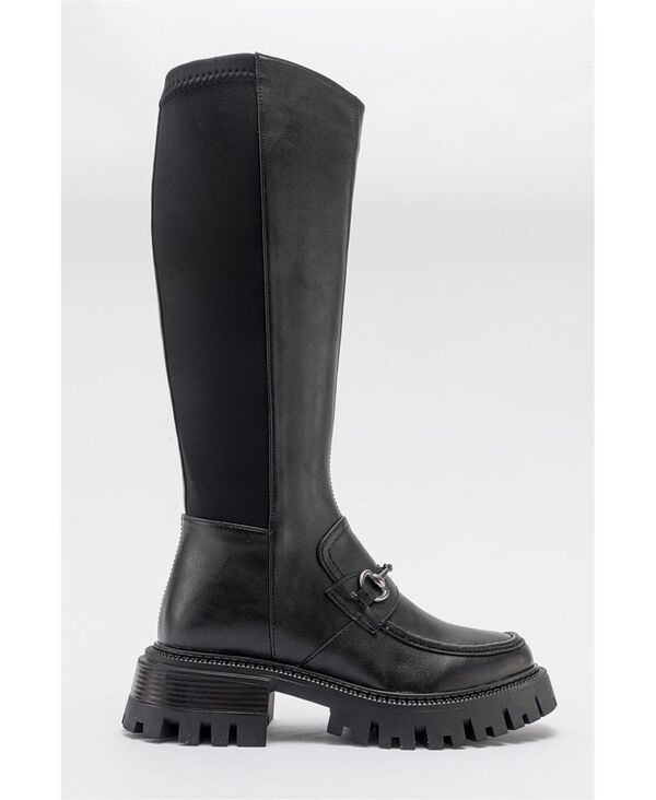 プロローグシューズ レディース ブーツ・レインブーツ Prologue Shoes Chapel Buckle Stretch Boot Women Black stretch faux leathe