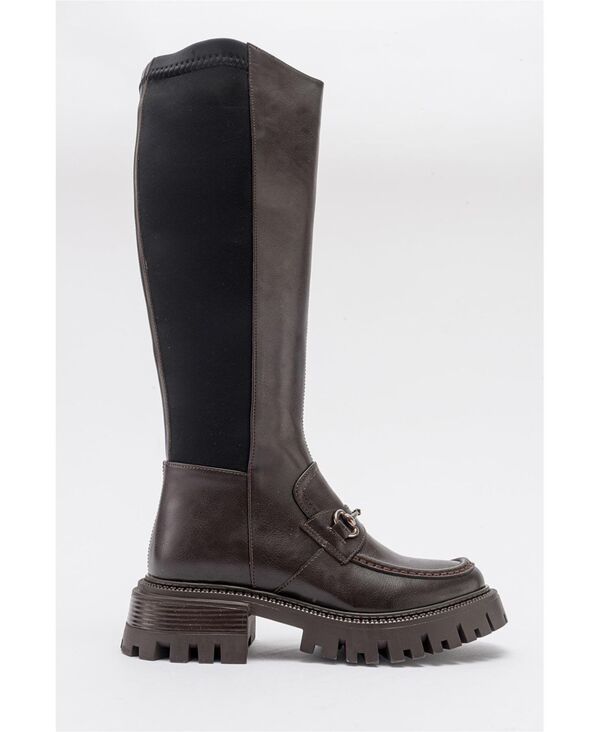 プロローグシューズ レディース ブーツ・レインブーツ Prologue Shoes Chapel Buckle Stretch Boot Women Brown stretch faux leathe