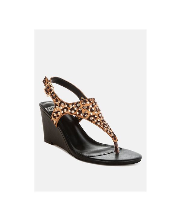 ラグアンドコー レディース シューズ サンダル プリント Rag Co Rag and Co Womens Oidah Leopard Print Studded Wedges Brown ブラウン