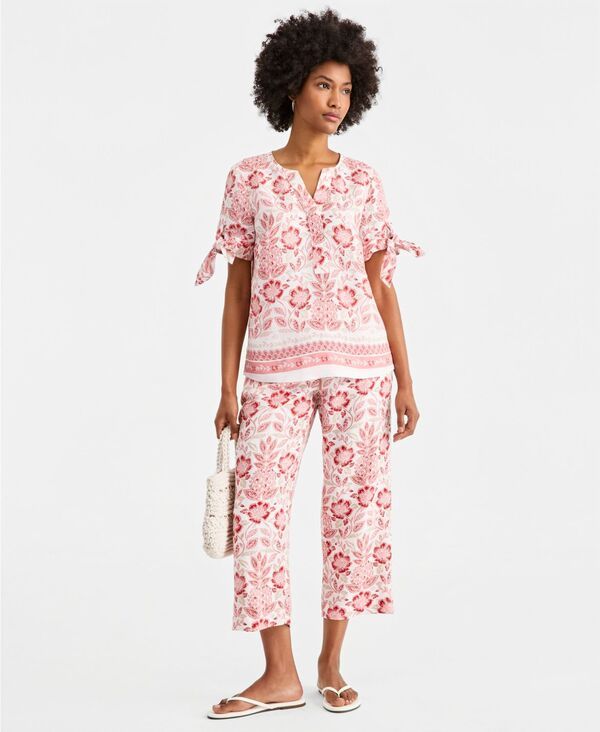 チャータークラブ レディース ボトムス カジュアルパンツ リネン Charter Club Womens 100 Linen Drawstring Pants White Border Print ホ