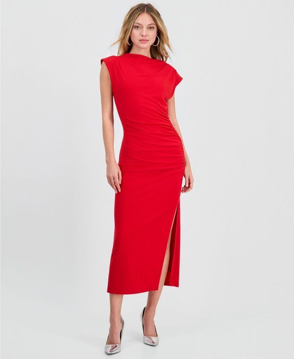 ロビー・ビー レディース トップス ワンピース ギャザー ミディ Robbie Bee Womens Ruched SideSlit Midi Dress Red レッド