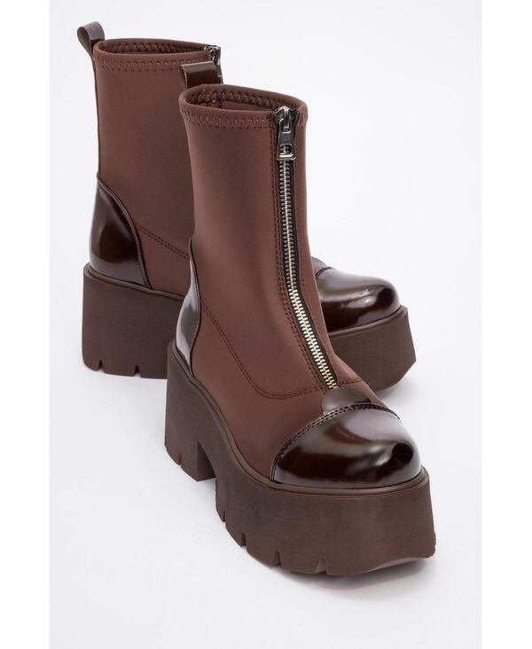 プロローグシューズ レディース ブーツ・レインブーツ Prologue Shoes Bray Patent Chunky Boot Women Brown patent faux leather ブラ